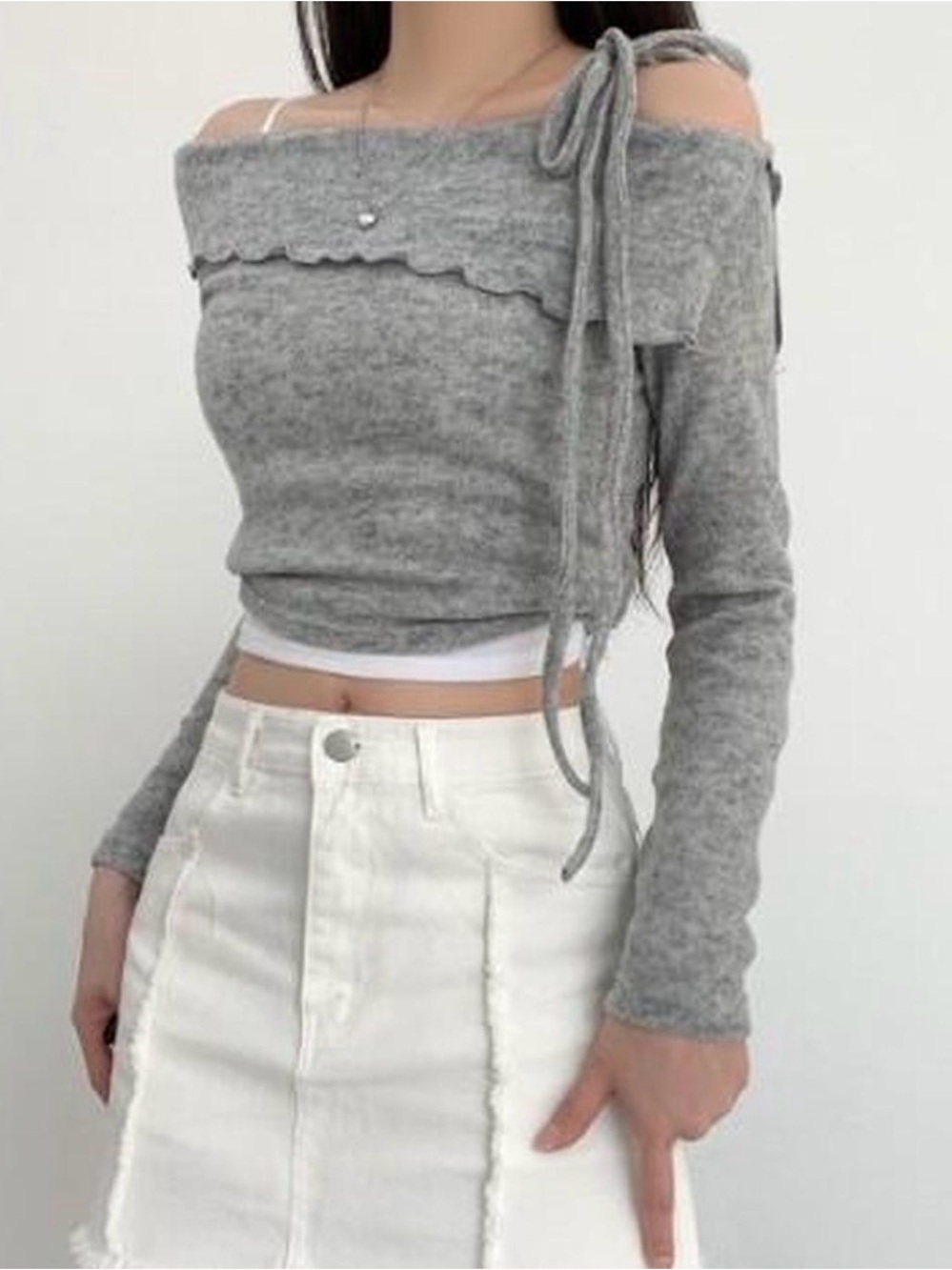 Gray Off-Shoulder Tie-Shoulder Women's Sweater